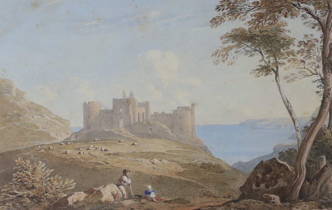 Attributed to John Varley (1778-1842), watercolour, 'Harlech Castle, Wales', 14 x 22cm